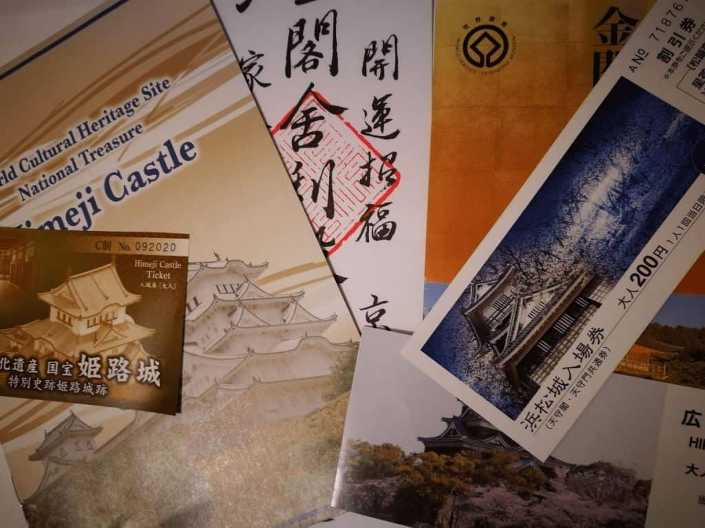 Tickets to various castles from our 2 week trip to Japan.