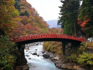Red bridge over a river in Japan