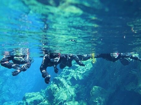 Group picture of snorkelers in SIlfra - underwater view