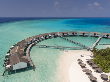 Reethi Beach Resort - Water Villa aerial - One of the best water villas in Maldives on budget