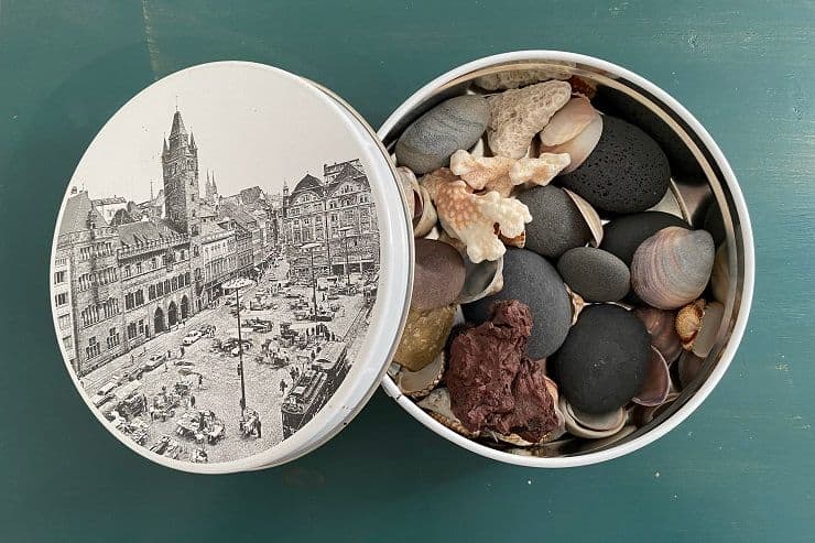 Collection of rocks and shells in a fancy box - this is a nice way to display travel souvenirs.