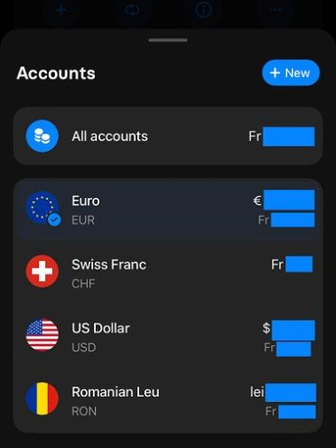 Revolut app - accounts view. You can have multiple accounts open in multiple currencies at the same time, and you can open and close them with ease.