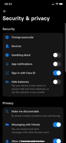 Security and privacy features are easy to enable and disable in your Revolut app using this view.